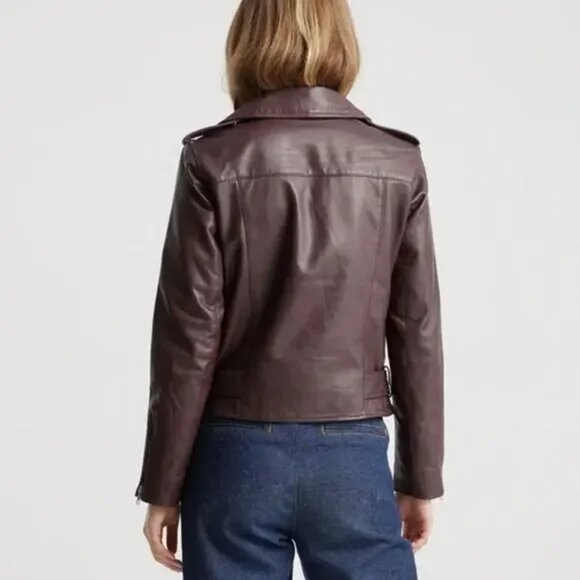 Quince 100% Leather Motorcycle Jacket, Burgundy, size Large - Picture 2 of 5